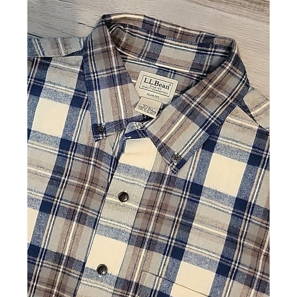 LL Bean Flannel Shirt Mens Medium Tall Blue Biege Plaid Button Up Fleece